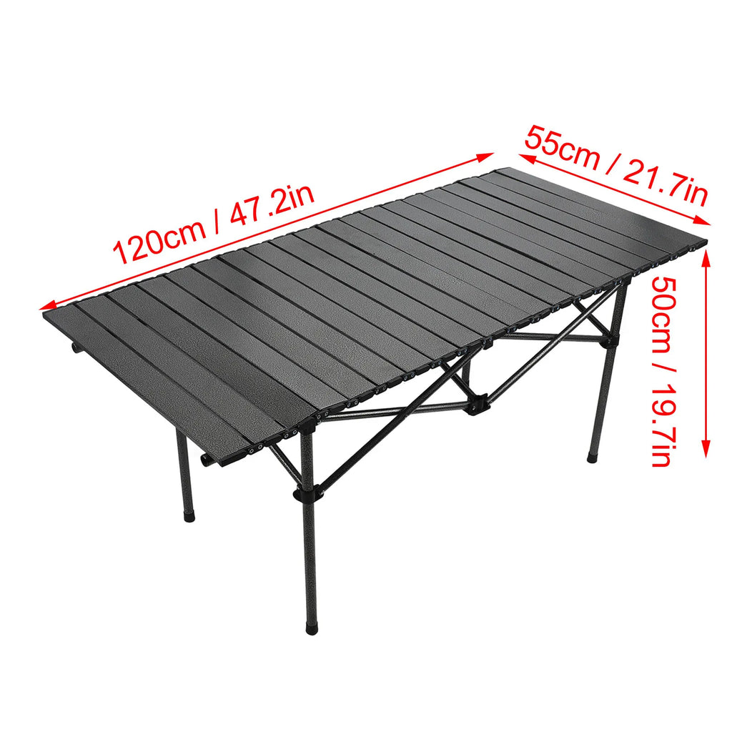 Folding Camping Table Black Spacious Storage Basket 47.24in Carbon Steel Portable Roll Up Outdoor Table