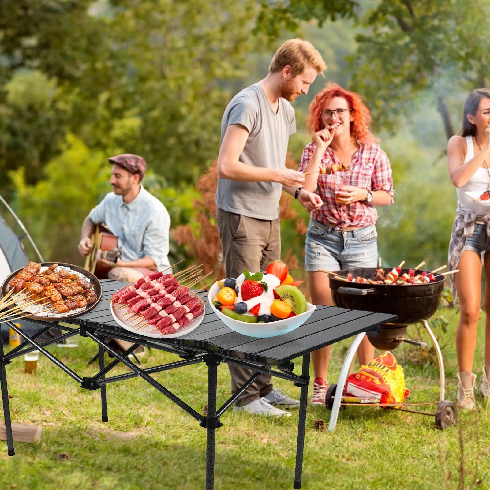 Folding Camping Table Black Spacious Storage Basket 47.24in Carbon Steel Portable Roll Up Outdoor Table