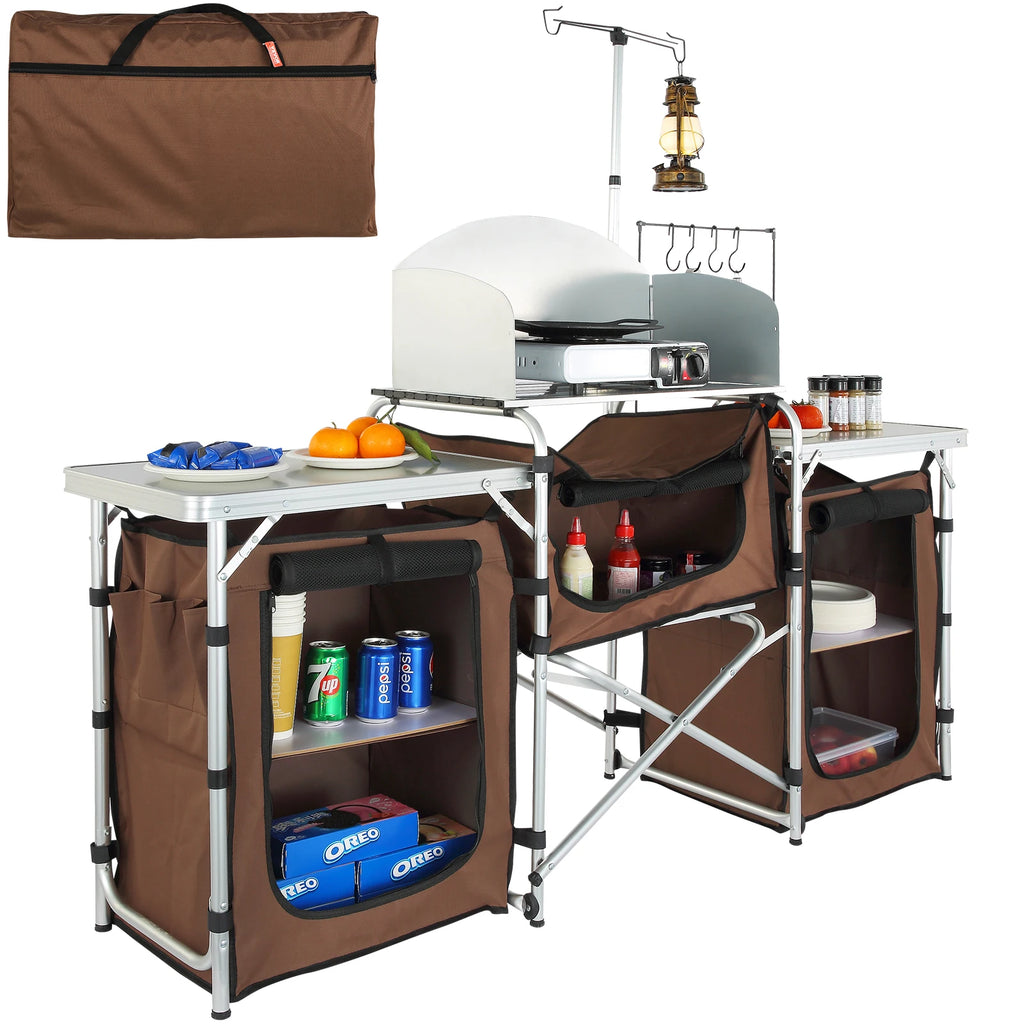 SucceBuy Camping Kitchen Table Folding Outdoor Cooking Table w/Storage Carrying Bag Aluminum Cook Station