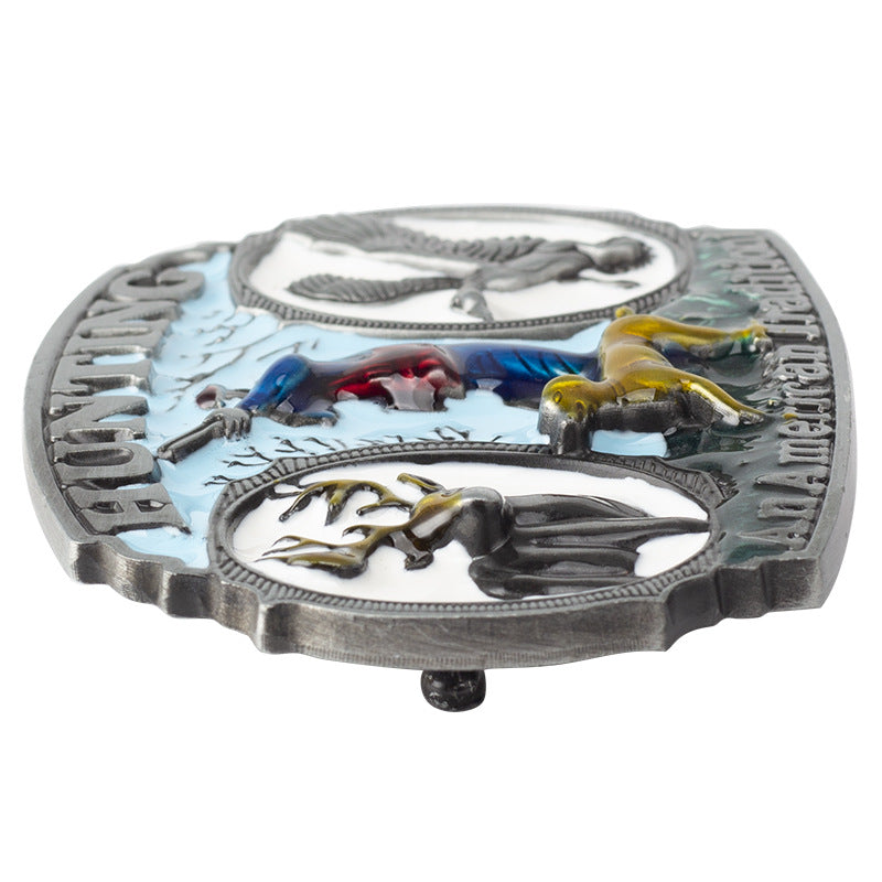 Hunting In The Wild Belt Buckle Colored Hounds Reindeer and Wild Ducks