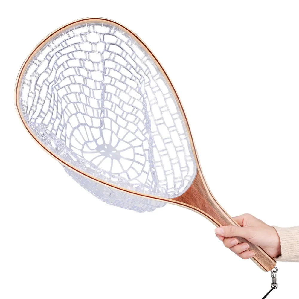 Landing Fish Net Fishing Hand Nets with Clear Rubber Mesh Netting Wooden Handle Fly Fishing Equipment for Catch and Release
