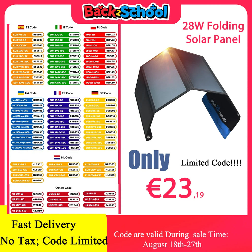 28W Portable Solar Panel 5VFolding Solar Panel 2 USB Ports Phone Charger