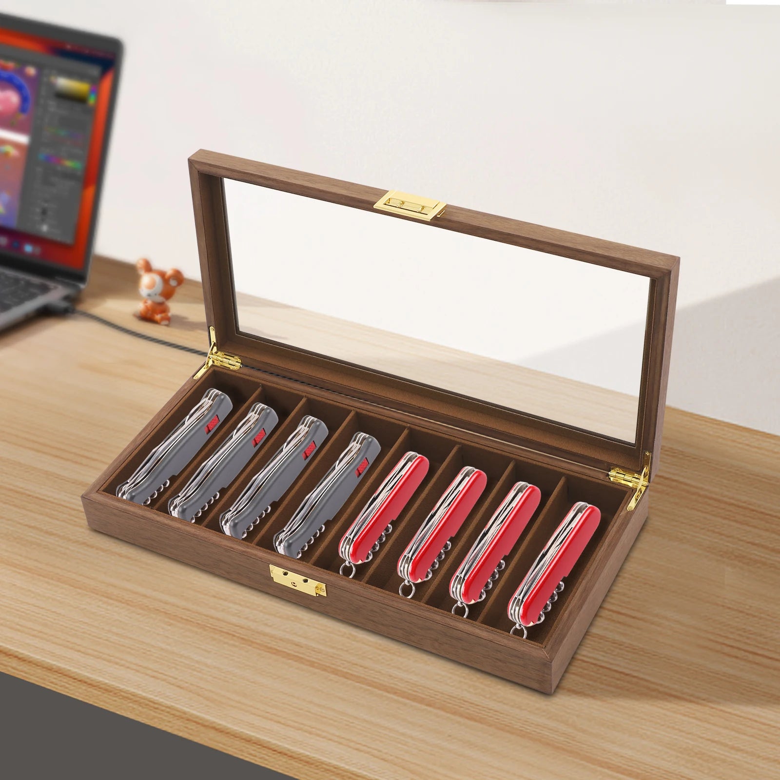 Knife Display Case Knife Storage Box Knife Display Case Organizer Collection Box Glass Metal Flannelette Walnut Color/Black