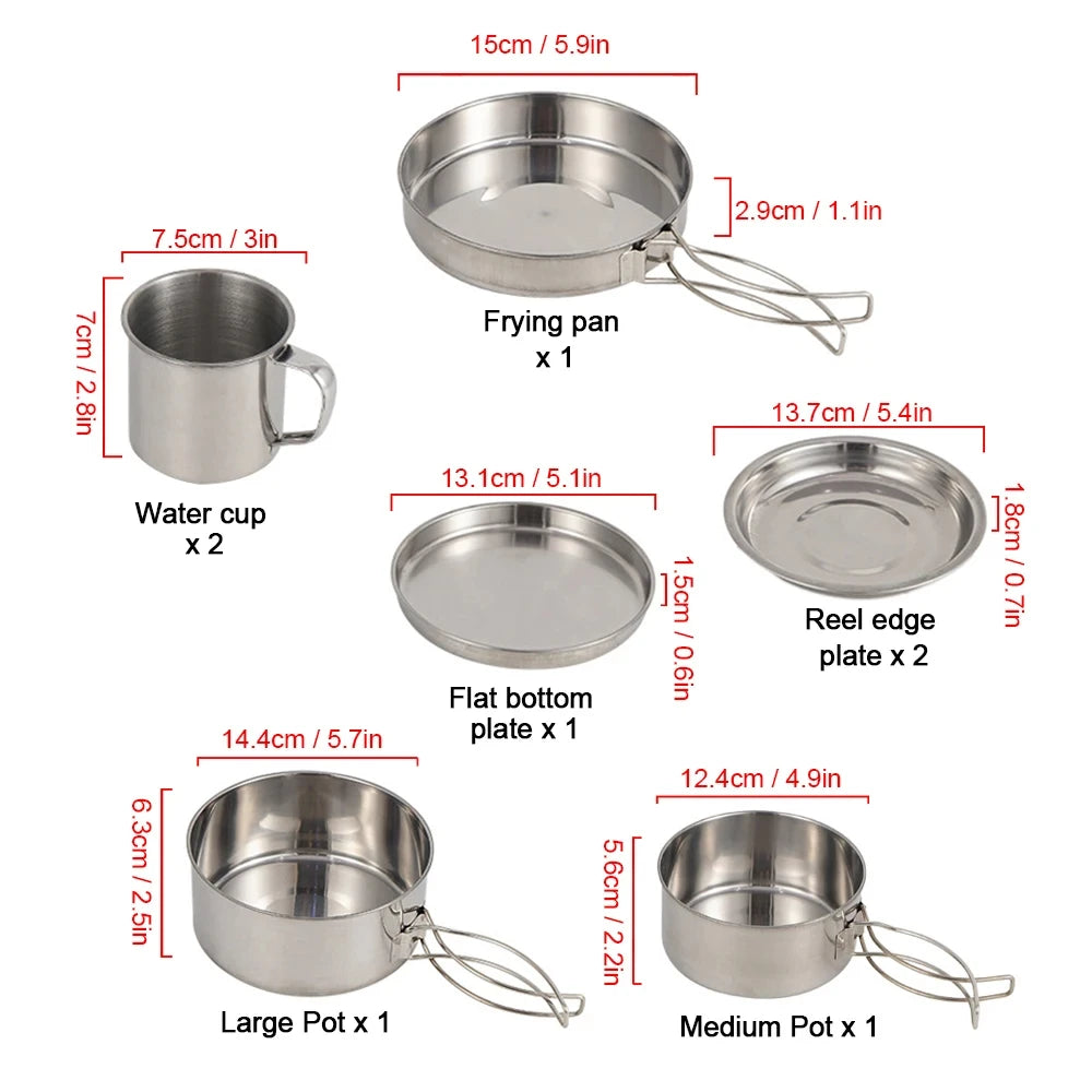 8pcs/Set Camping Cookware Mess Kit Stainless Steel