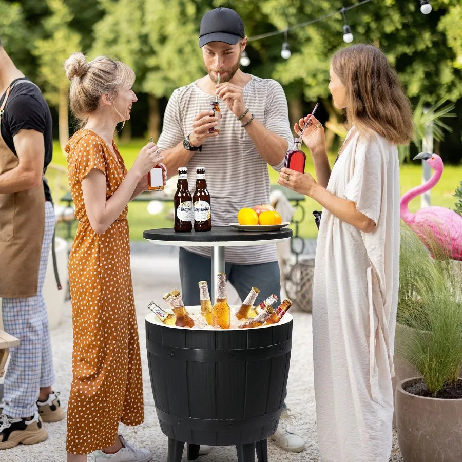 10Gallon Black Four Leg Ice Bucket Plastic Side Table Outdoor Beverage Cooler Portable Drink Storage Patio Party BBQ Camping Ga