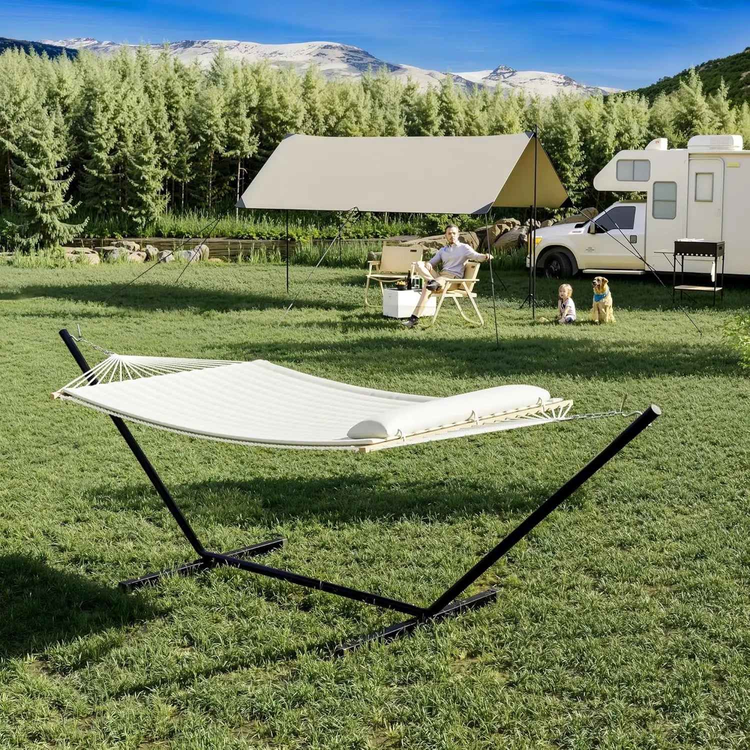 Double Hammock with Stand,2 Person Heavys Duty 475 Lbs Capacity, Breathable Cotton Rope & Quilted Pad for Adventure,Camping