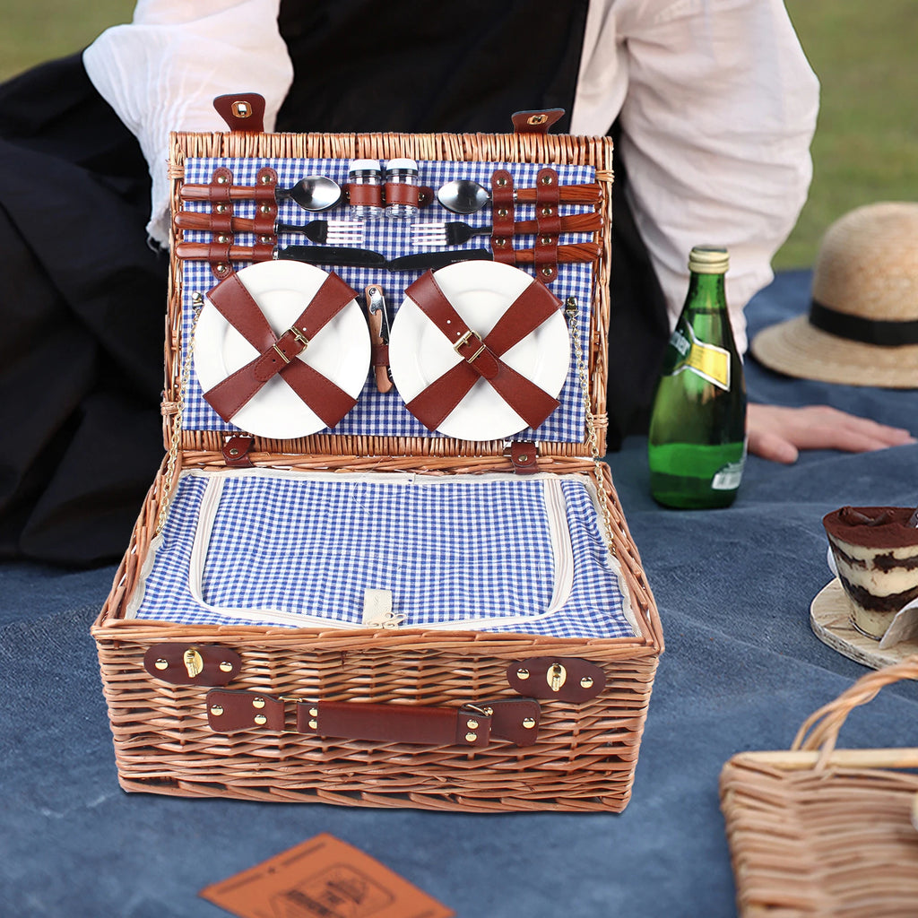 Blue and White Outdoor Picnic Household Storage Basket  Suitable for Excursions, Camping, Hiking, Picnics, Outdoor Parties
