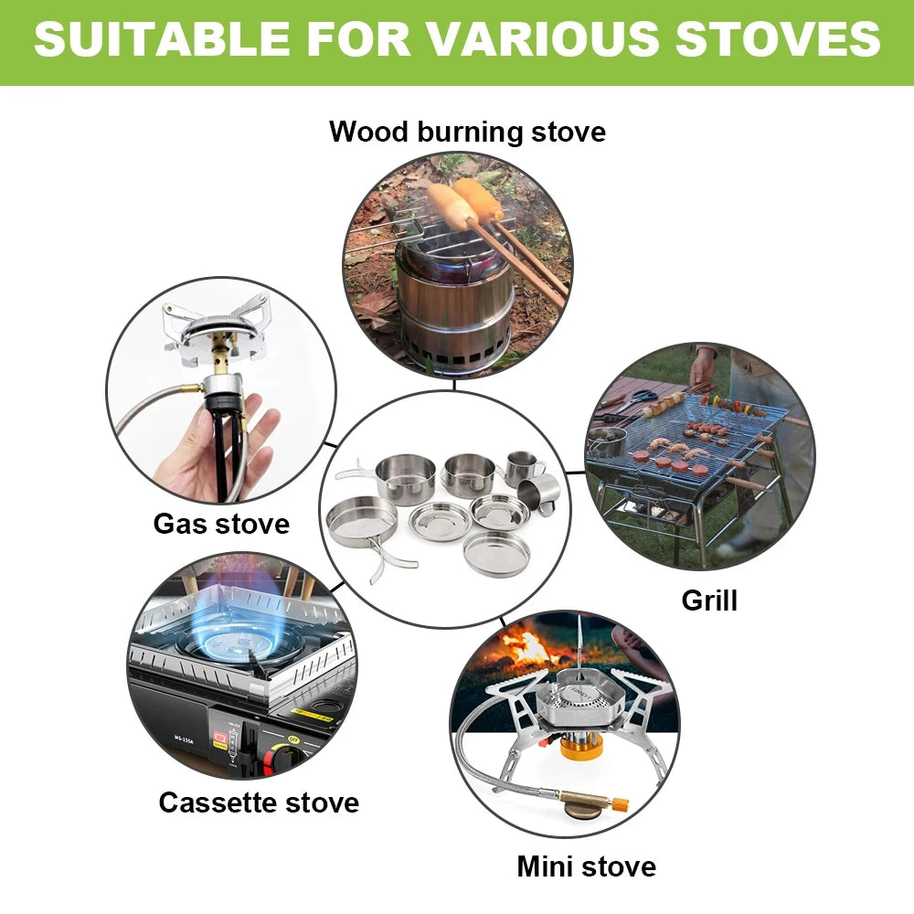 8pcs/Set Camping Cookware Mess Kit Stainless Steel