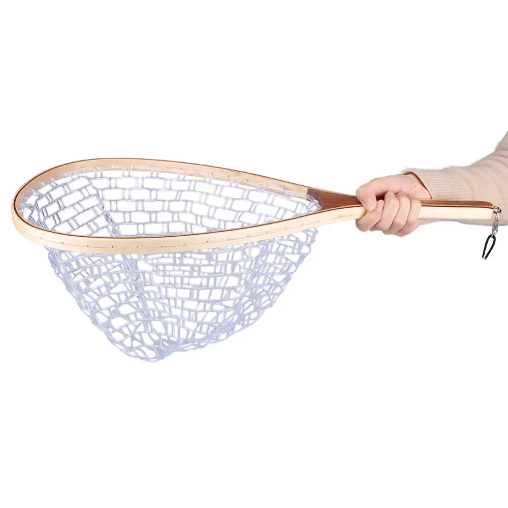 Landing Fish Net Fishing Hand Nets with Clear Rubber Mesh Netting Wooden Handle Fly Fishing Equipment for Catch and Release
