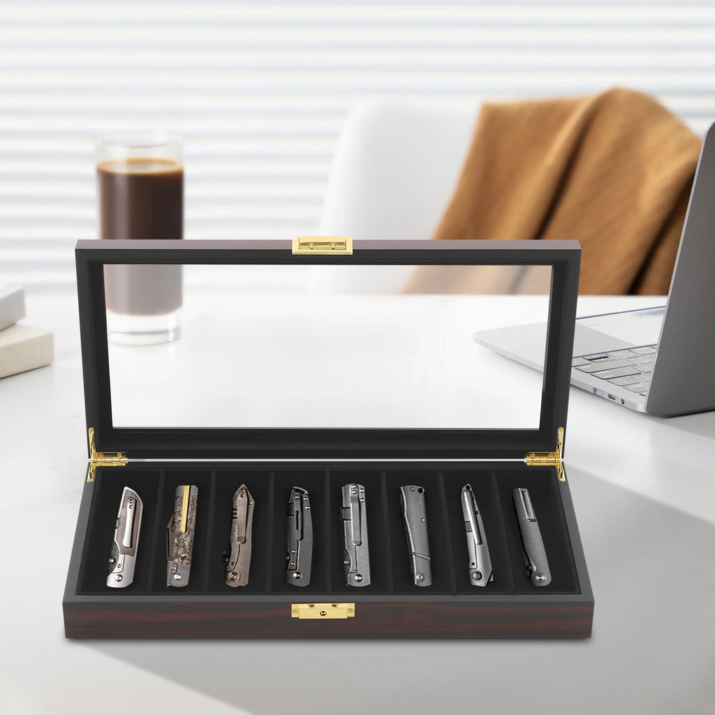 Knife Display Case Knife Storage Box Knife Display Case Organizer Collection Box Glass Metal Flannelette Walnut Color/Black