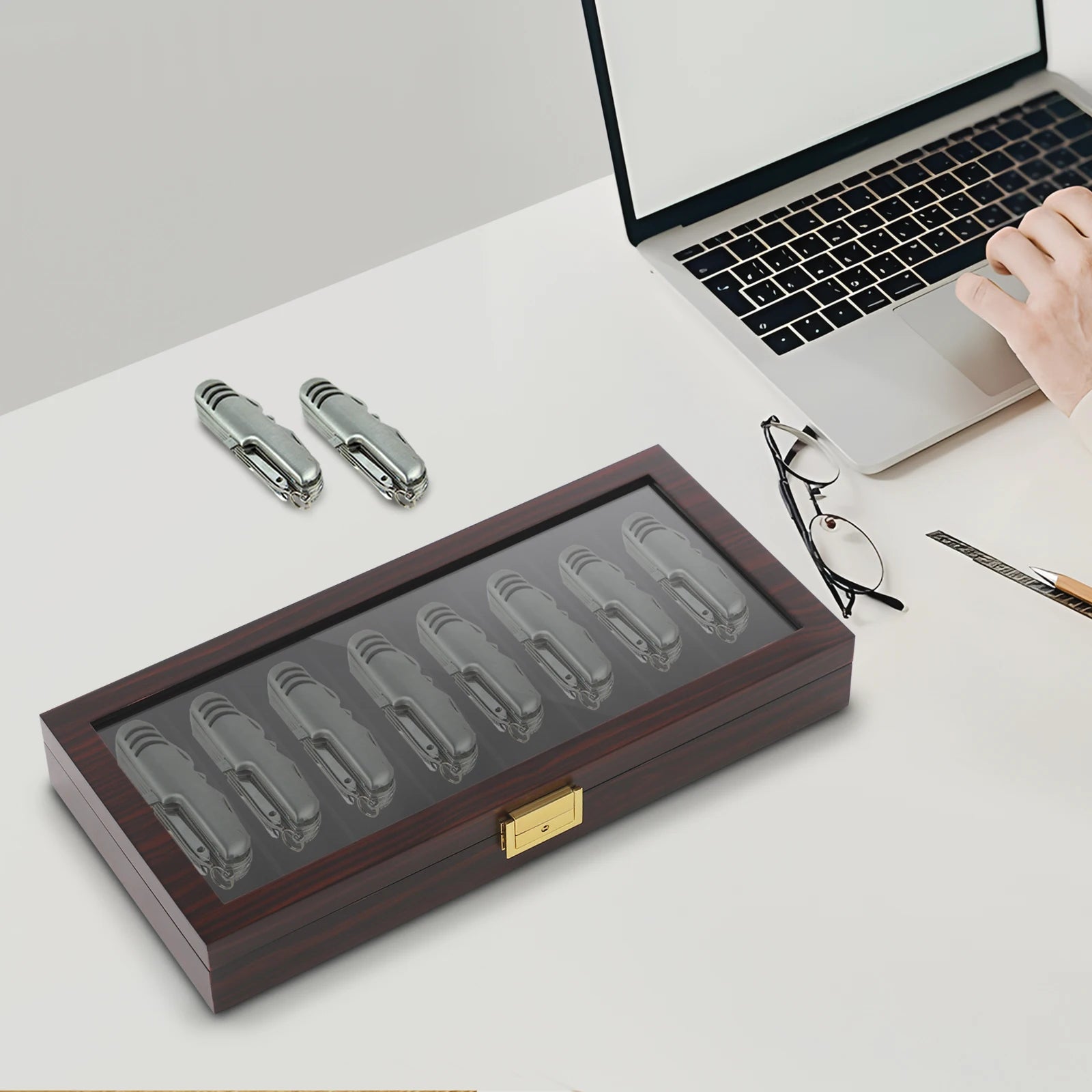 Knife Display Case Knife Storage Box Knife Display Case Organizer Collection Box Glass Metal Flannelette Walnut Color/Black
