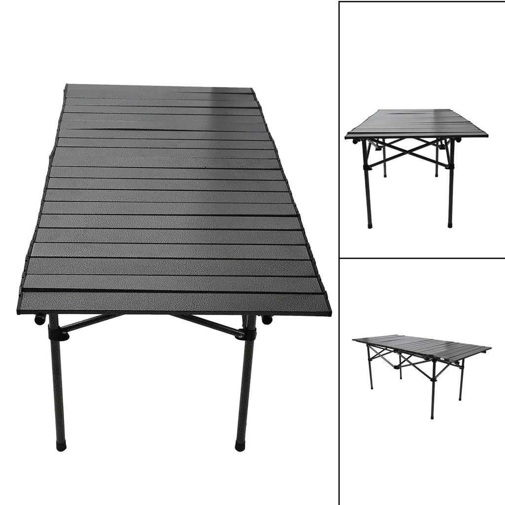Folding Camping Table Black Spacious Storage Basket 47.24in Carbon Steel Portable Roll Up Outdoor Table