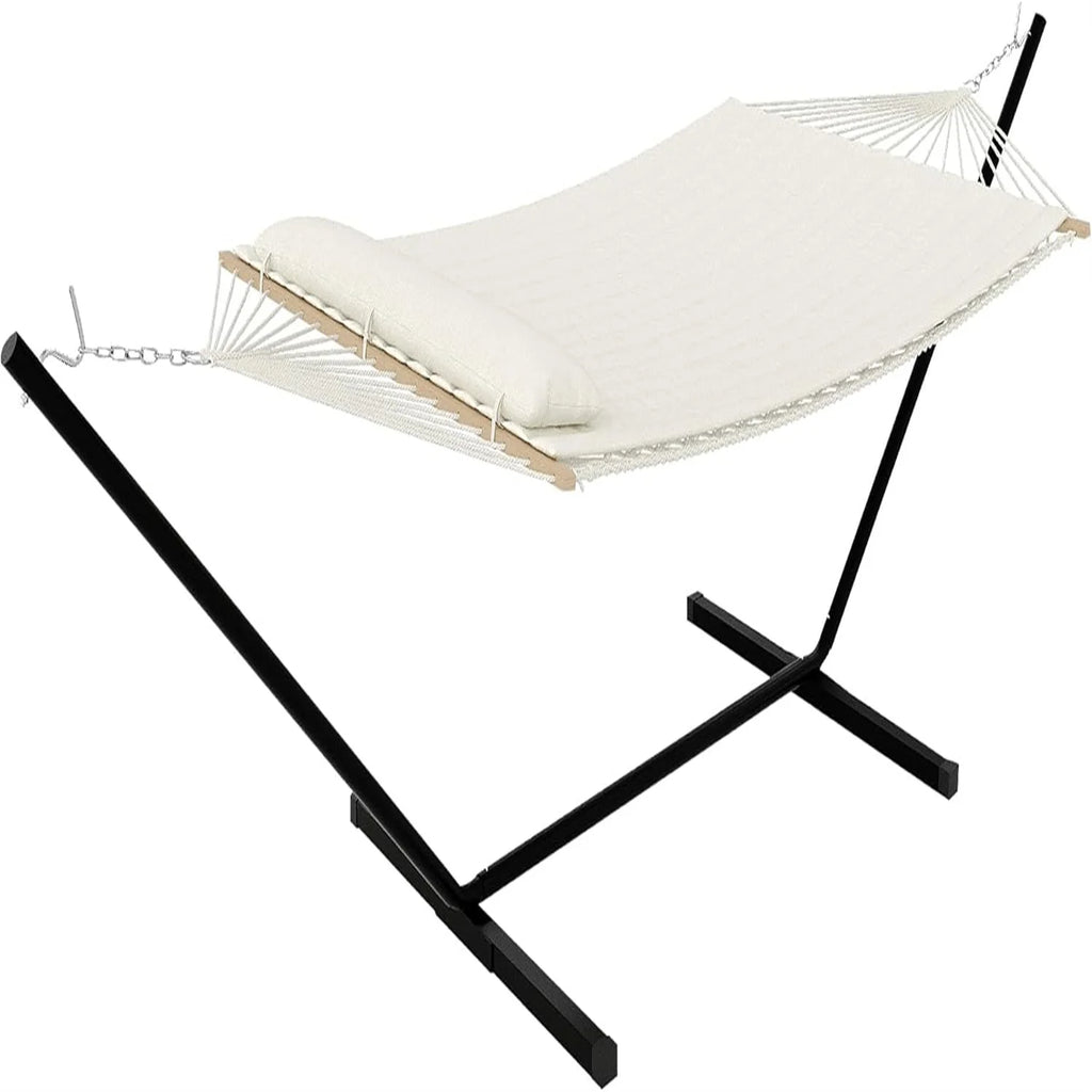 Double Hammock with Stand,2 Person Heavys Duty 475 Lbs Capacity, Breathable Cotton Rope & Quilted Pad for Adventure,Camping