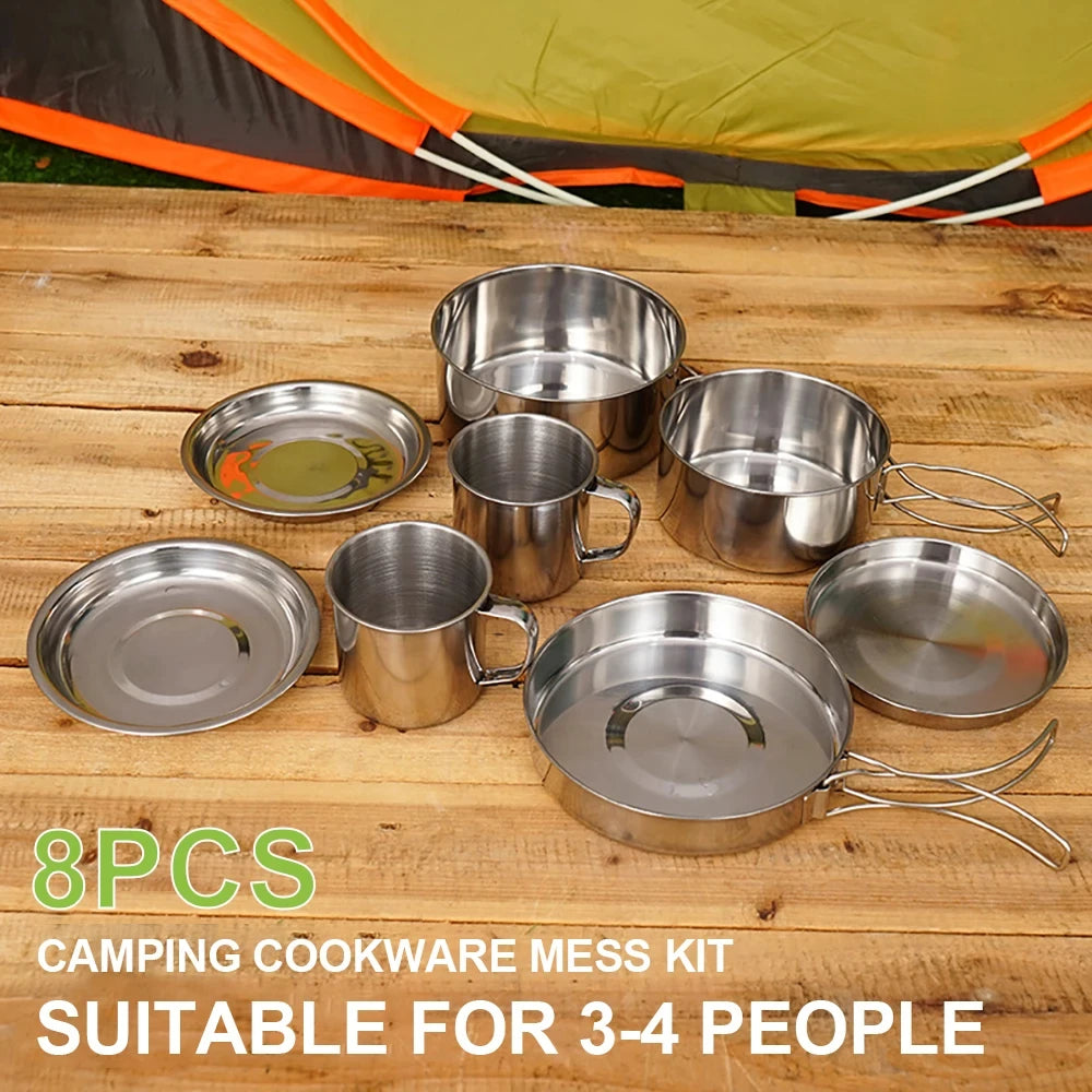 8pcs/Set Camping Cookware Mess Kit Stainless Steel