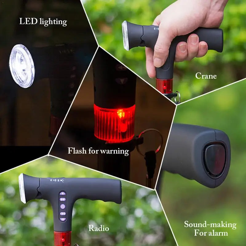 Adjustable Folding Cane With Alarm LED Light Radio And Handle