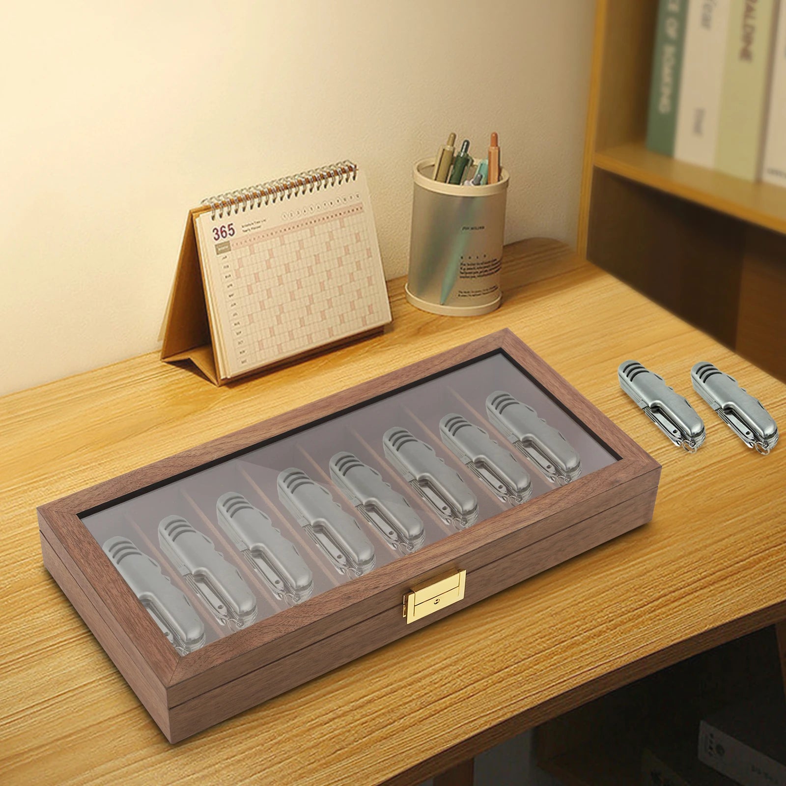 Knife Display Case Knife Storage Box Knife Display Case Organizer Collection Box Glass Metal Flannelette Walnut Color/Black