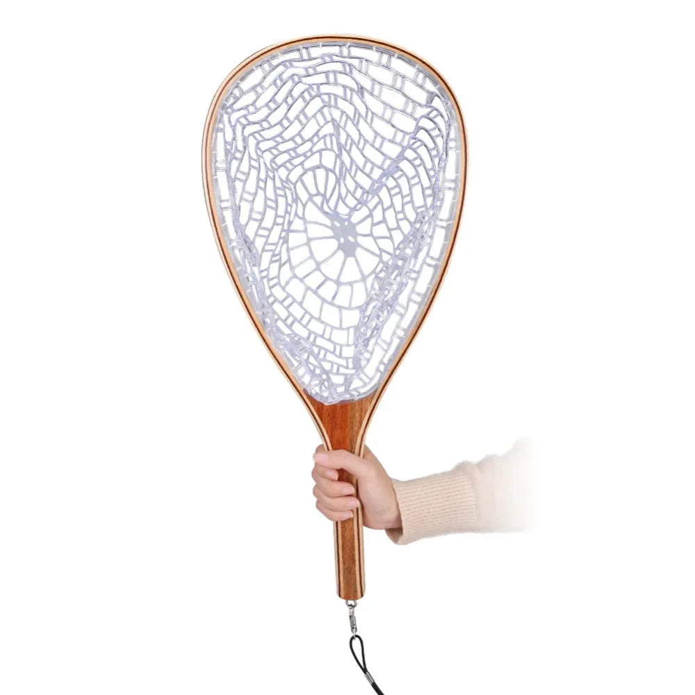 Landing Fish Net Fishing Hand Nets with Clear Rubber Mesh Netting Wooden Handle Fly Fishing Equipment for Catch and Release