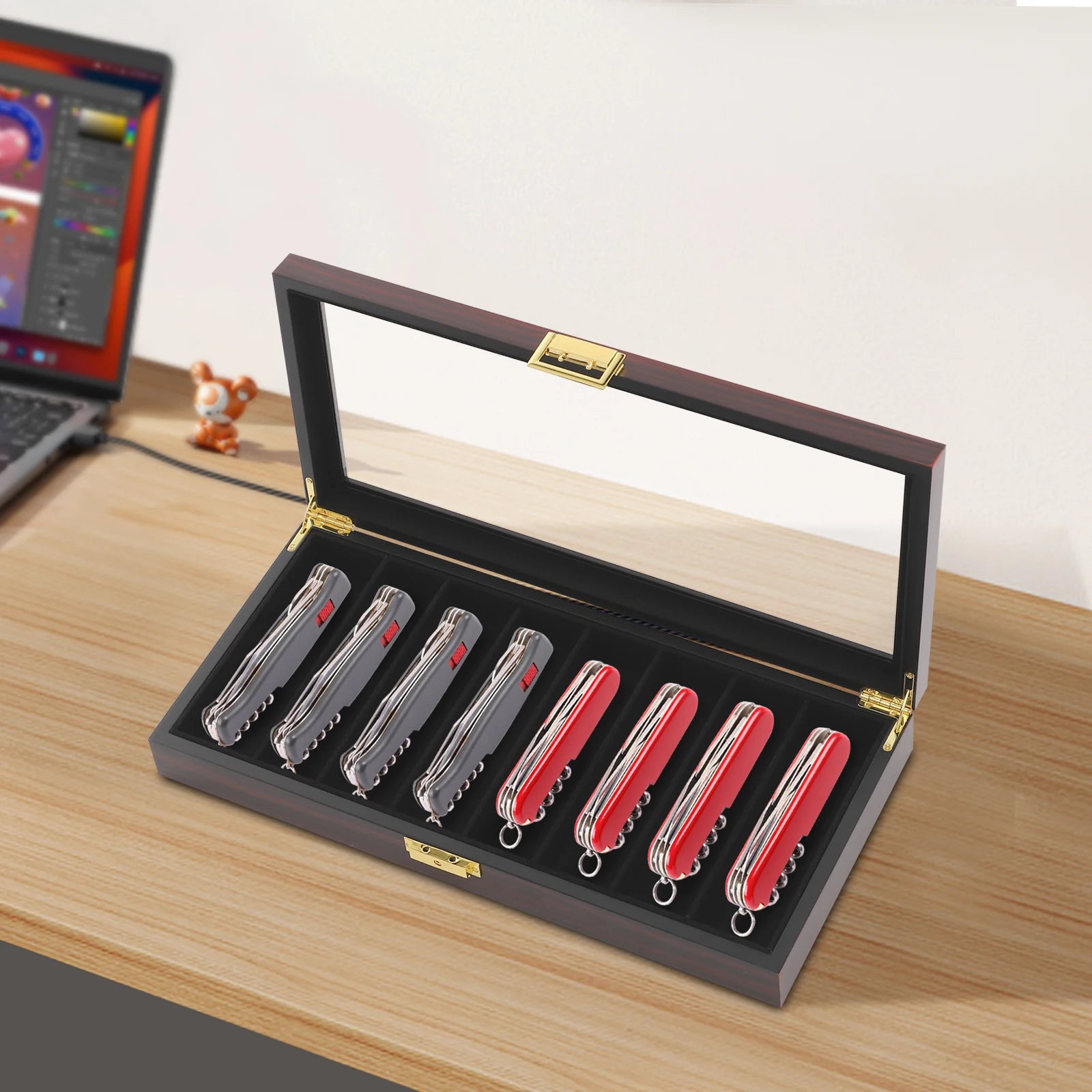 Knife Display Case Knife Storage Box Knife Display Case Organizer Collection Box Glass Metal Flannelette Walnut Color/Black