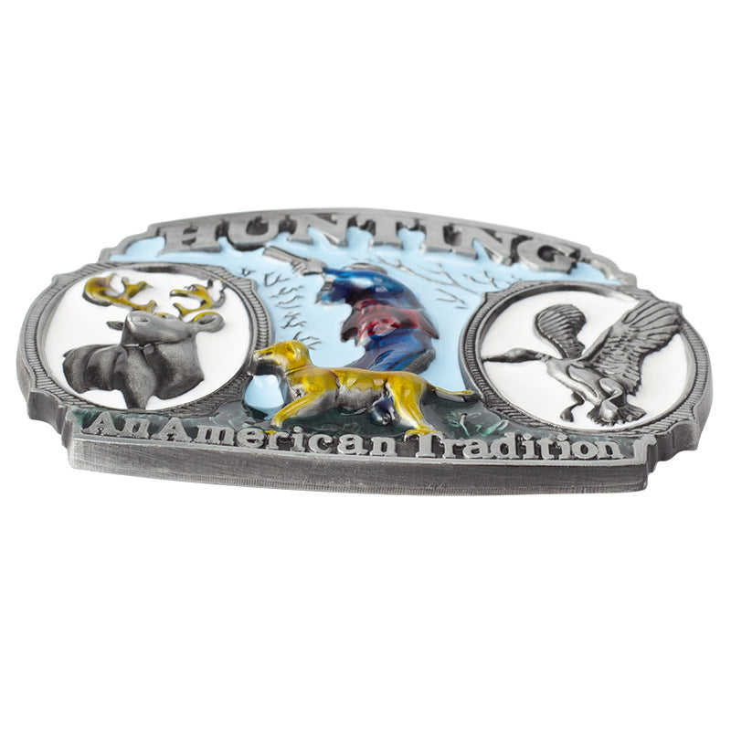 Hunting In The Wild Belt Buckle Colored Hounds Reindeer and Wild Ducks
