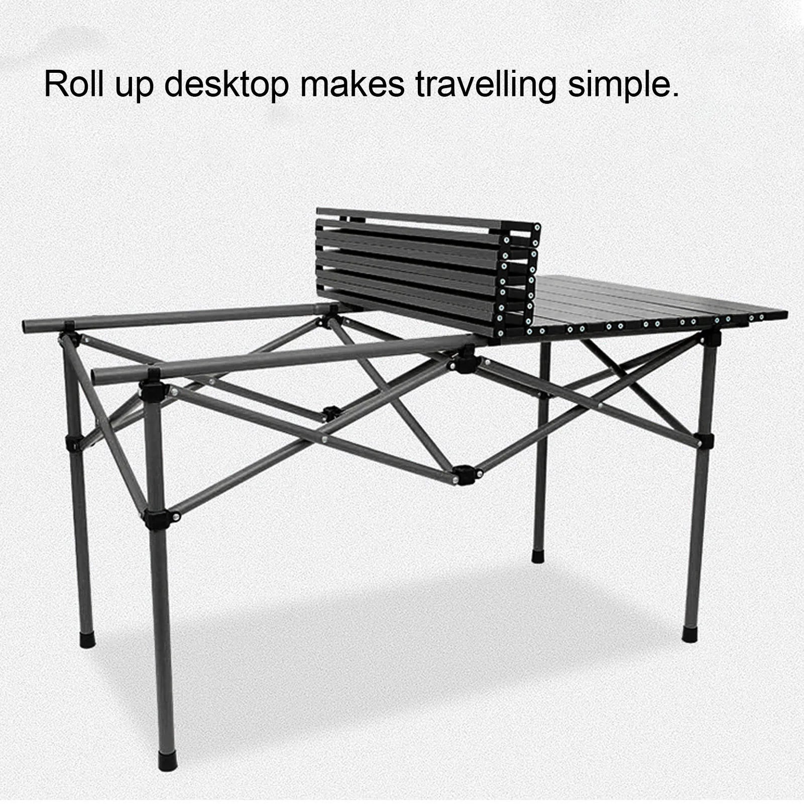 Folding Camping Table Black Spacious Storage Basket 47.24in Carbon Steel Portable Roll Up Outdoor Table