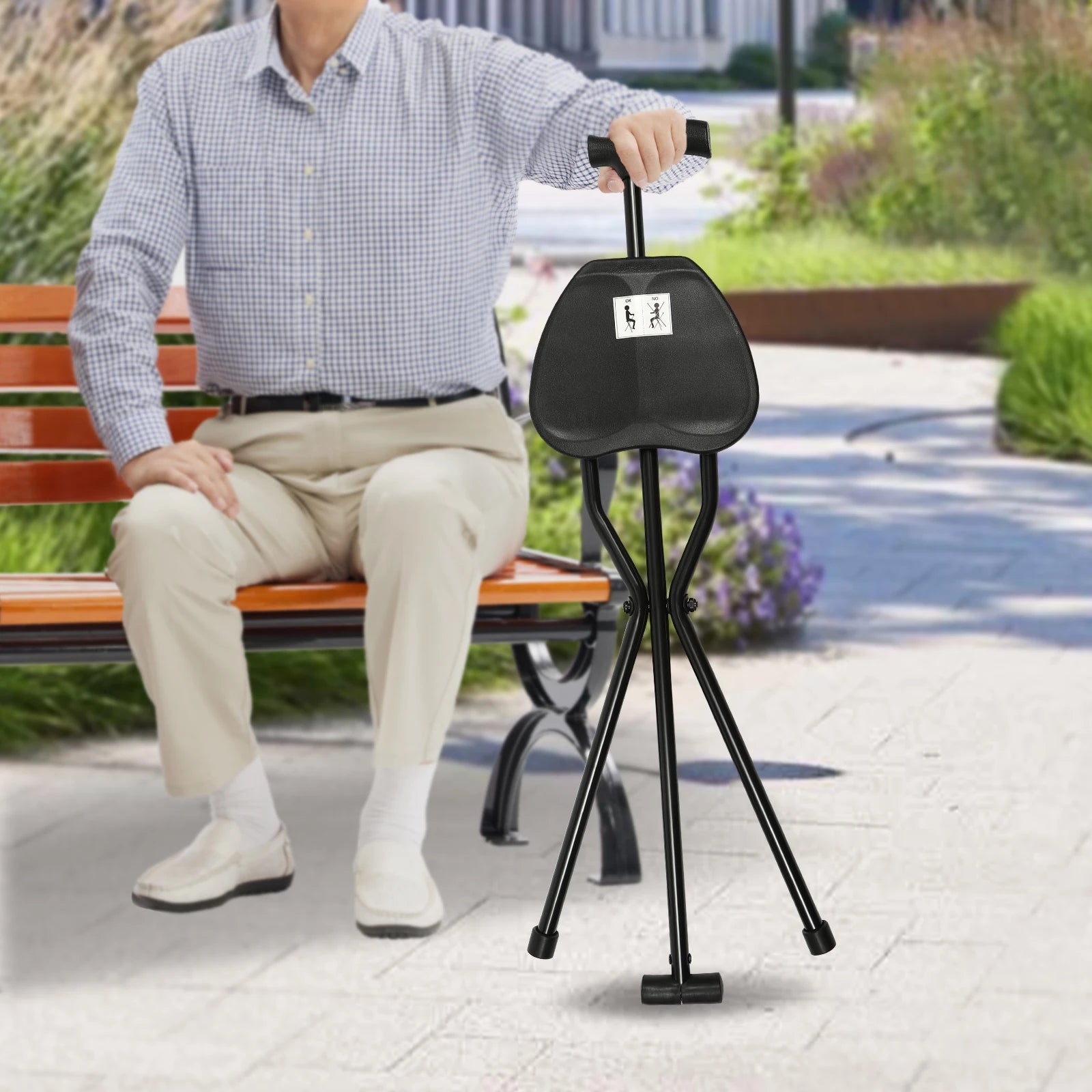 Walking Stick Cane Chair Folding Cane with Seat 35.4 Inches Tall and Supports up to 249.12lbs