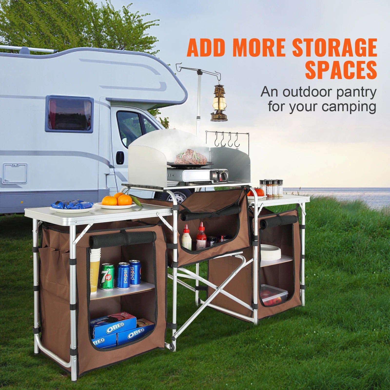 SucceBuy Camping Kitchen Table Folding Outdoor Cooking Table w/Storage Carrying Bag Aluminum Cook Station