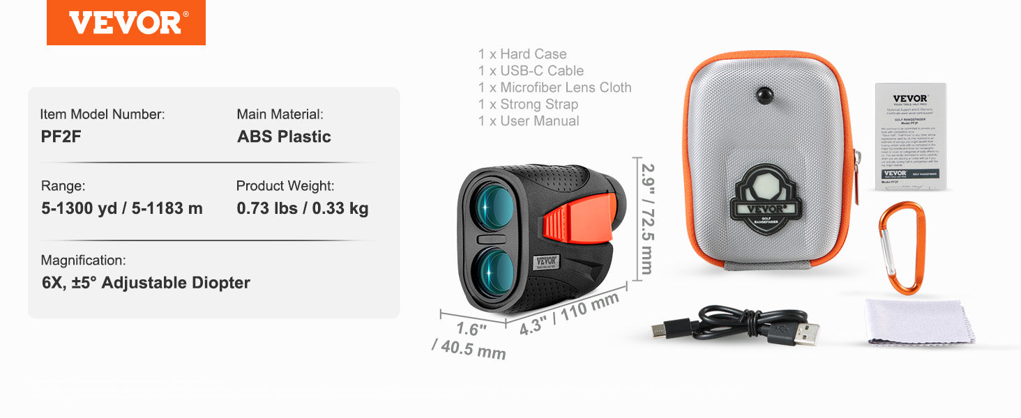 VEVOR 1300 Yards Golf Rangefinder Laser Golfing Hunting Range Finder 6X Magnification Flag Pole Lock Vibration Slope USB Charge
